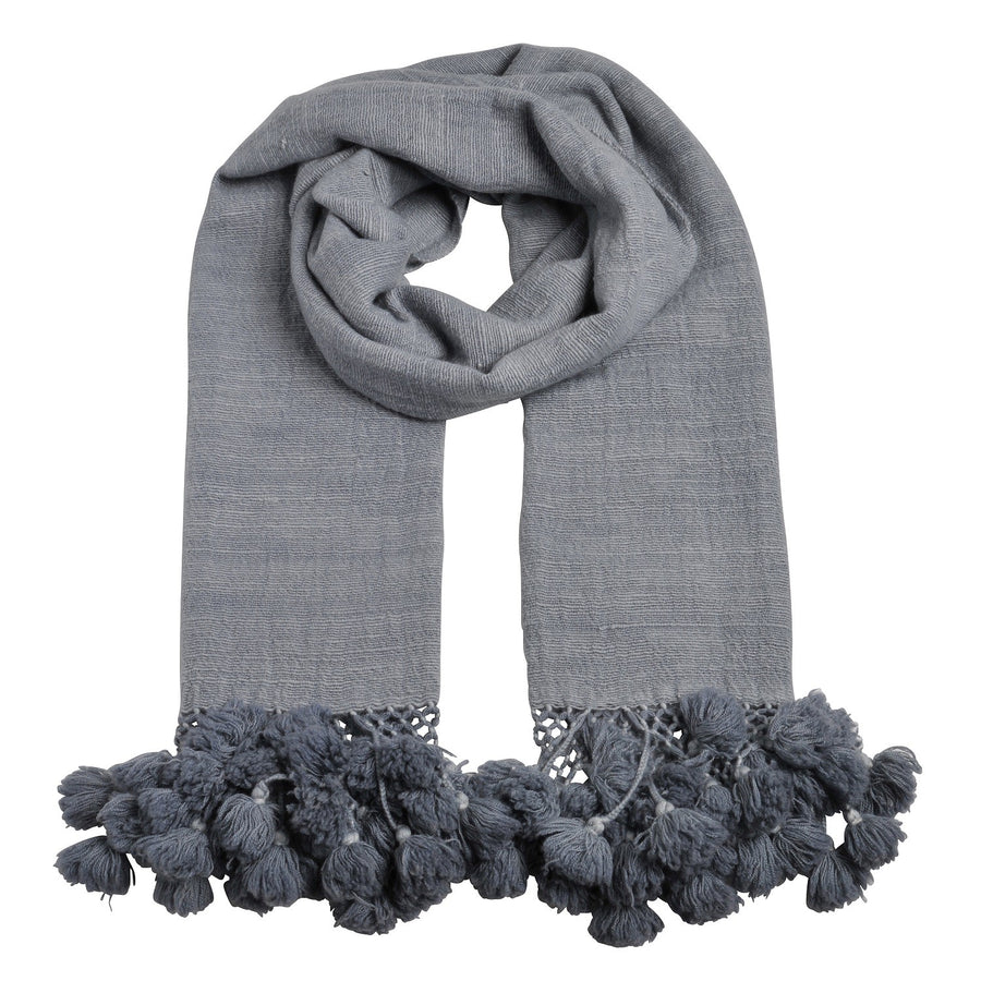 Luxury Scarf  Pompon, 100 % Cashmere. grey melange